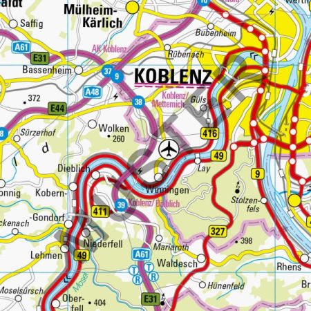 Ausschnitt der Übersichtskarte ÜK250 im Maßstab 1:250 000 mit Straßen, Gewässern und Ortschaften