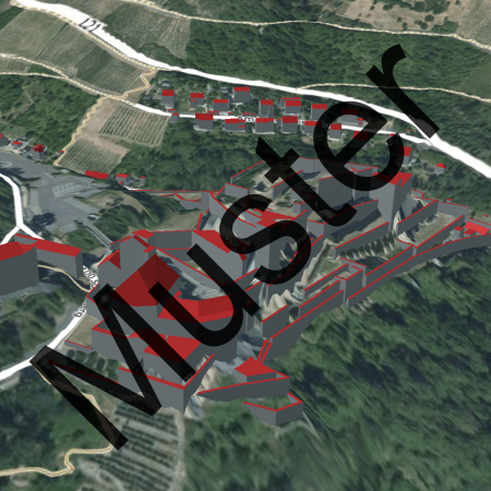 3D-Gebäudemodelle LoD2 in Rheinland-Pfalz: Ausschnitt mit differenzierten Dachformen