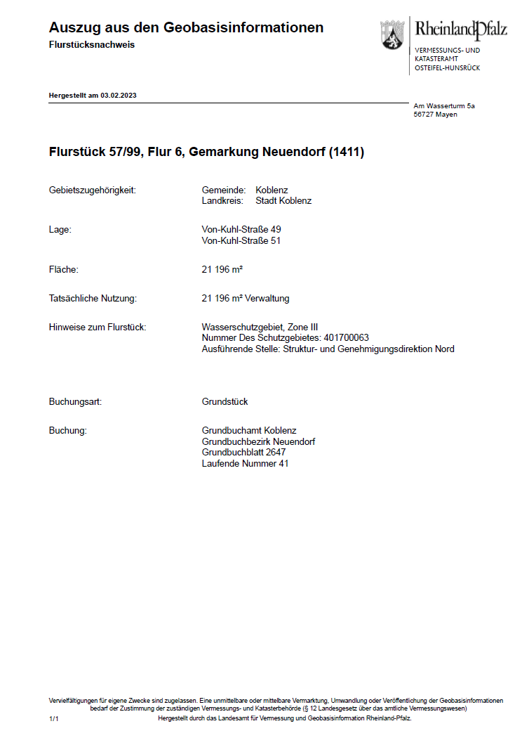 Auszug aus den Geobasisinformationen: Flurstücknachweis